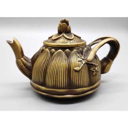 Kung Fu Tea Pet Chinese Antique Bronze Brass Handwork Carved In full bloom Lotus Flower Pattern Teapot Water Pot Tea Set