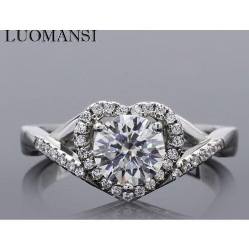 Luomansi Love Heart Shaped 1CT 6.5MM Real Mulberry Diamond Ring S925 Silver Wedding Party Lover Jewelry Gift