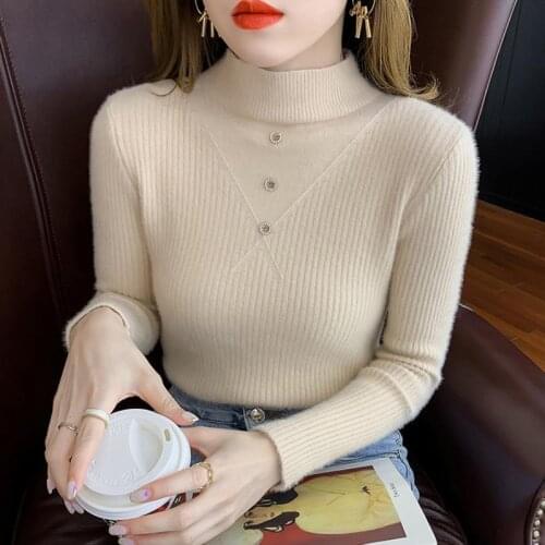 Mink Cashmere Women Basic Knitted Sweaters Turtleneck Slim Pullovers Solid Knit Pullover Female Long Sleeve Warm Unif Jumper Top