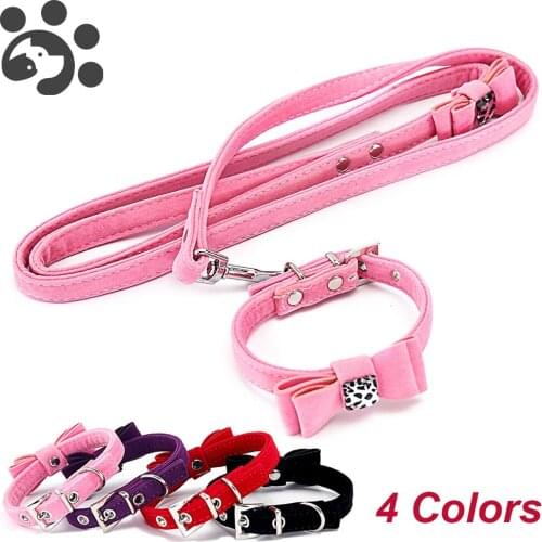 Dog Collar Leash Set for Small Medium Dogs Cats Collar with Bow Kitten Puppy Pet Collar Harness Lead Velvet Cat Leash MP0057
