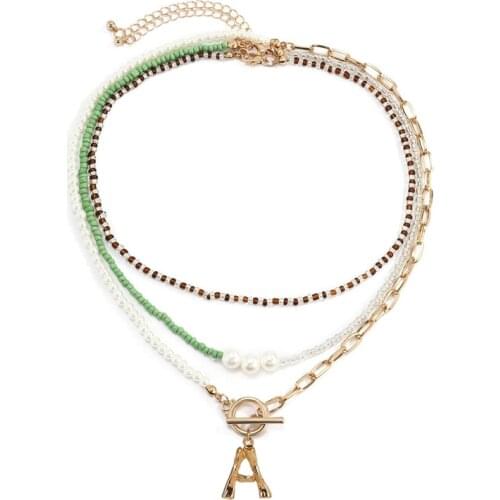 TAUAM Bohemian Colorful Bead Pearl Initial Letter Necklace for Women Summer Collar Clavicle Choker Necklace Female Jewelry