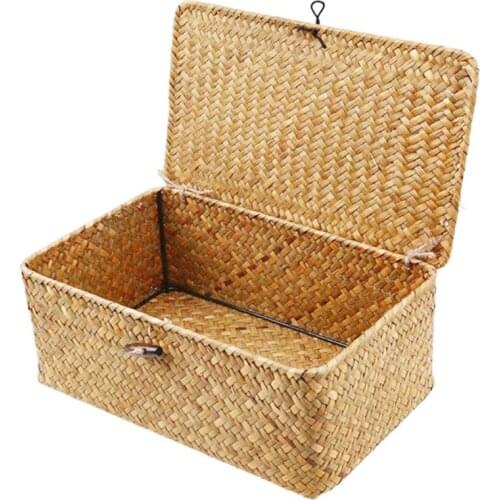 Wicker Storage Baskets with Lids,Seagrass Baskets Natural Rattan Woven Baskets Organizer Box for Living Room Bathroom