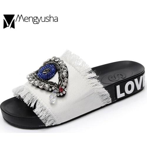 Handmade 5 colors denim slippers woman sandals outdoor crystal eyes decorate slides beading bling flipflops beach slip on shoes