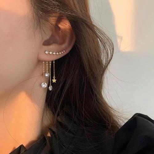 Hot Gold Star Ear Climber Earrings with Crystal Chain Tassel Ear Jacket Earring, Ear Climber Star Tassel Korean Kawaii Earring