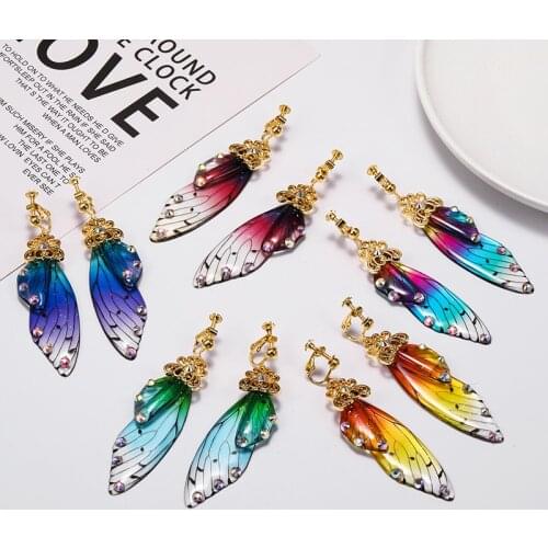 Handmade Fairy Simulation Wing Clip on Earrings Insect Butterfly Wing Non Pierced Rhinestone Ear Clips Romantic Bridal Jewelry