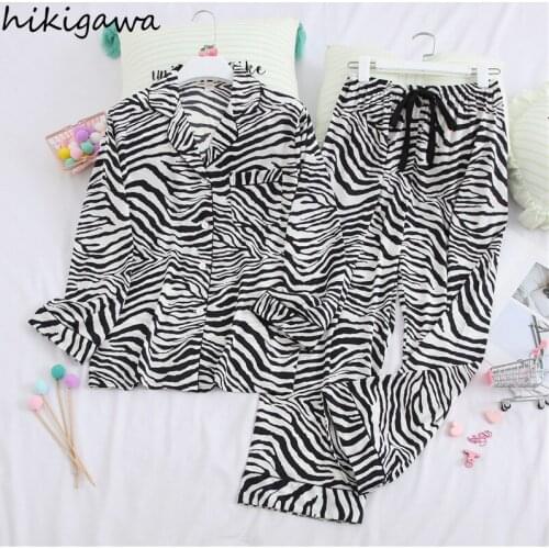 Hikigawa Thin Ice Silk Home Service Suit Women Simple Long-sleeve Trousers Pajamas Fashion Comfortable Zebra Pattern Sleepwear