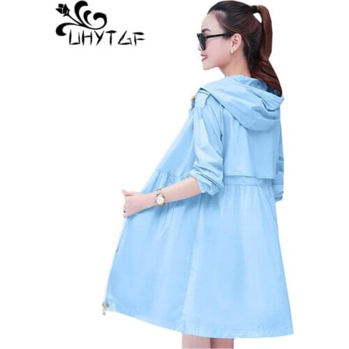 UHYTGF New Sun Protection Clothing Hooded Anti-UV Outdoor Summer Jacket Womens Korean Breathable Casual Thin Coat Plus Size 1087