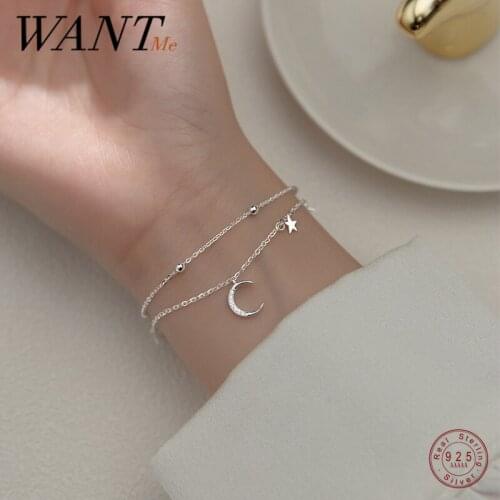 WANTME 925 Sterling Silver Romantic Double Layer Shiny Zircon Star Moon Link Chain Bracelet for Women Charm Party Jewelry Gift