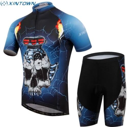 XINTOWN Team Men Ropa Ciclismo Cycling Bike Short Sleeve Top Shirt Riding Bicycle Sportwear Jersey (BIB) Shorts Cars Skull