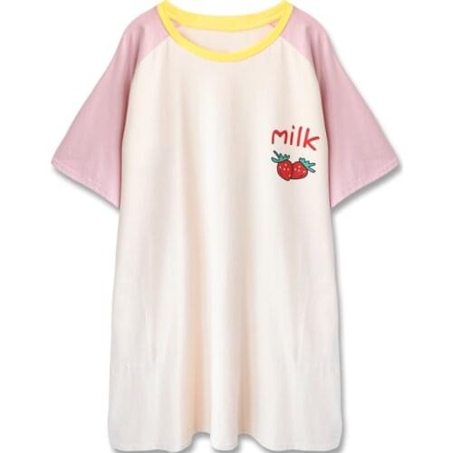 Japanese Kawaii Teenage Girl T Shirt Dress Summer Plus Size Casual Dresses Cute Strawberry Milk Print Home Wear Pink Sleep Dress
