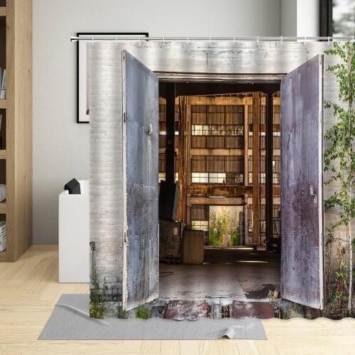 Retro Wooden Door Shower Curtain Building Bathroom Home Decor Old Broken Window Curtain Waterproof Polyester Fabric With Hooks