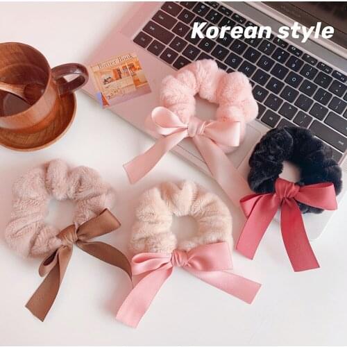 Women Scrunchies Elastic Bow Hair Rope Girl Winter Plush Hair Ties Korean Sweet Hair Accessories Headwear Head Wrap
