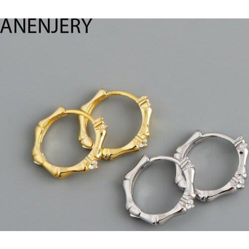 ANENJERY 925 Sterling Silver Bamboo-Shaped Zircon Circle Earrings For Women Simple French Hoop Earrings Retro Ornaments