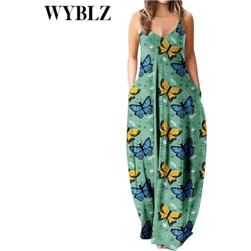 Womens Summer Boho Floral Long Maxi Strap Dress Casual Pocket Sleeveless Evening Party Butterfly Print Sling Dresses Plus Size
