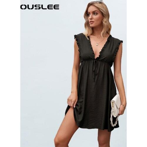 Ouslee Summer Women Boho Mini Tank Dress Sexy Deep V-Neck Backless Bandage Party Casual Vintage Holiday Beach Mini Dresses
