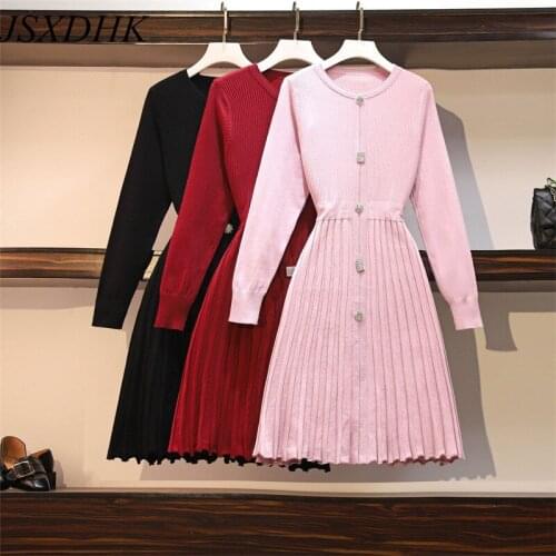 Sweet Girl Autumn And Winter Knitted Pleated Dress Fashion Women Long Sleeve Diamonds Button Pink Sweater Dresses S-4XL