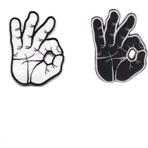 10pcs/lot Embroidery Patches Black White Gesture Backpack Clothing Decoration Accessories Iron Heat Transfer Applique Finger OK