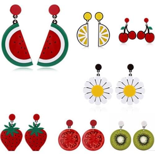 Alternative Fashion Funny Cherry Acrylic Statement Earrings Unusual Grunge Style Hanging Strawberry Fruit Geometry Women Earings