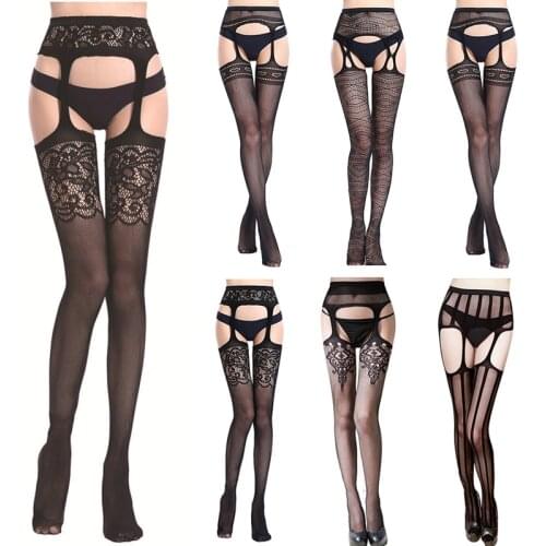 Women Girls Female Sexy Lace Stockings Tights Sets Lingerie Erotic Hollow Out Fishnet Crotchless Garter Belt Long Socks Elastic