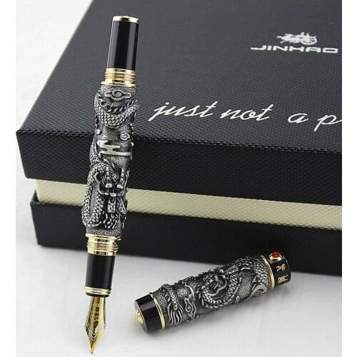 Jinhao Metal gray Double Dragon Fountain Pen Iridium Medium Nib Advanced Craft Writing Gift Pen for Business Graduate Office
