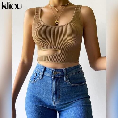 Kliou Cut Out Solid Striped Casual Tanks Women 2021 Summer Workout Streetwear Sleeveless Activity Skinny Slim Basic Tank Tops