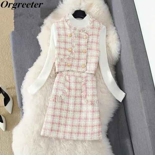 Sweet Pink Plaid Tweed 2 Piece set 2021 Fall Winter Tweed Button Tassel Short Vest +White Sweater + pocket Mini Wool Skirt Sets
