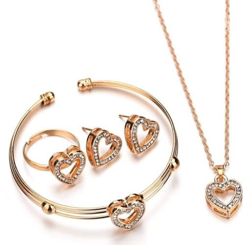 Gold Heart love Crystal Necklace Earrings Bracelets Sets For Women Bridal Cubic Zircon Elegant Lady Wedding Jewelry Set ST200012