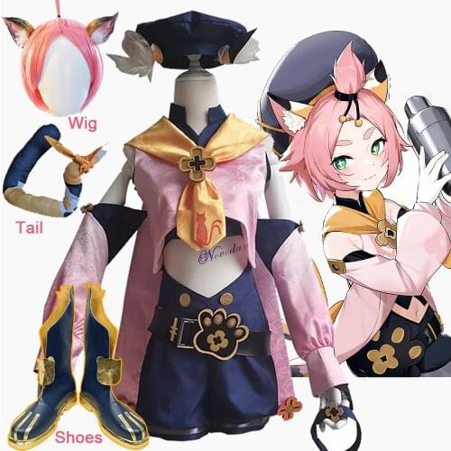 Genshin Impact Diona Cosplay Costume Shoes Beret Hat Ears Wig Anime Outfit Dress Halloween Carnival Uniform Women Custom Costume