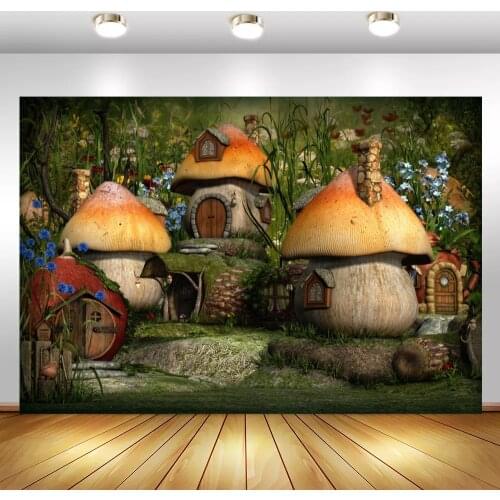 Laeacco Mushroom Backdrops Fairytale Forest Tree House Baby Party Decor Portrait Photographic Backgrounds Photocall Photo Studio
