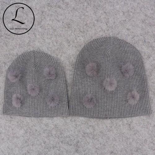 Cute Soft Wool Real Mink Fur pompom Beanies hats For Baby Boys Girls Kids Autumn Winter Ribbed Knitted Skullies Hats For Newborn