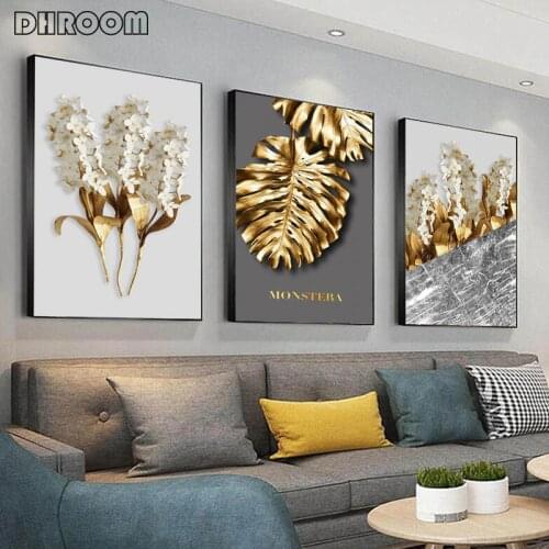 Nordic Golden Abstract Leaf Flower Wall Art Canvas Painting Black White Feathers Poster Print Wall Picture for Living Room Decor