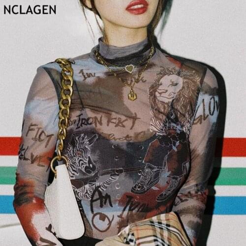 NCLAGEN Street Fashion Harajuku Printed Women Sexy Transparent Mesh Long Sleeve Bodysuits Ladies Sheer Rompers Party Bodycon