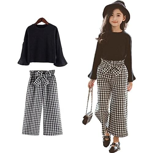 New Kids Girls Clothes Sets Long Sleeve T-shirts + Plaid Wide Leg Pants Autumn Childrens Clothing sets Teenager for 8 10 12 Yrs