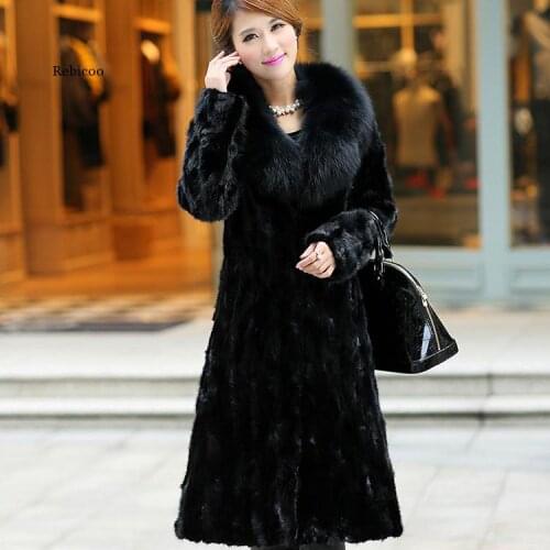 Women Winter and Autumn Large Size Black Faux Fox Fur Coats Long Section Turn Down Collar Man-Made Fur Overcoats Clothes
