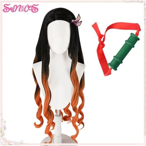 Demon Slayer Kamado Nezuko Cosplay wigs Bamboo long Curly dyeing Hair Heat Resistant Synthetic Halloween Costume Free Wig Cap