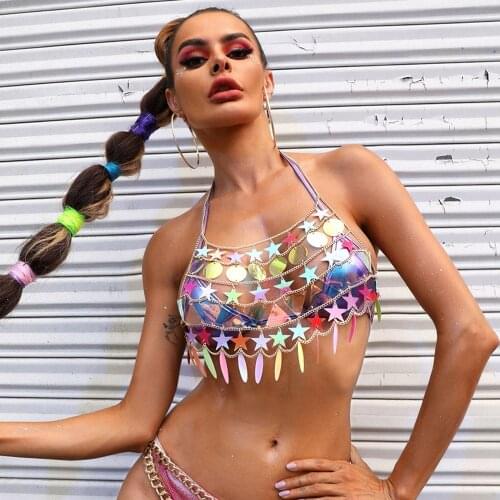Sexy Women Sequins Body Chain Halter Bra Decor Bralette Top Chest Chain Fashion Girl Festival Jewelry Accessories Outdoor Show