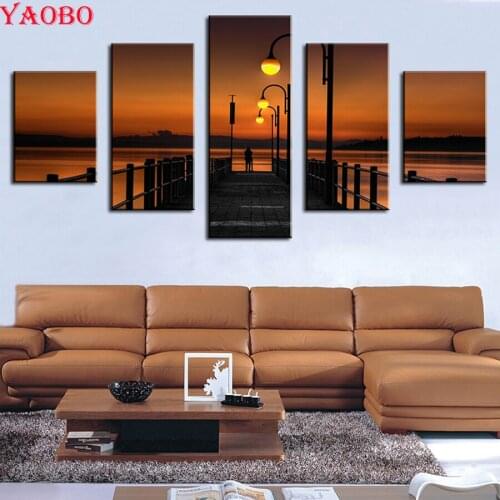 5 piece DIY Diamond Painting Full Square Bridge scenery seaside Embroidery Diamond Mosaic Multi-picture Combination Cross Stitch