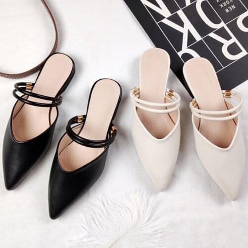 Womens Summer Leather Slides Pointed Low Heel Slippers Ladies Brand Lazy Flip Flops Female Black Mules Shoes Pumps Footwear Hot