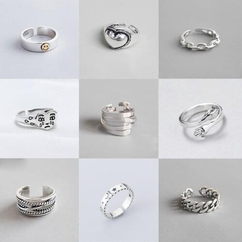 XIYANIKE 925 Sterling Silver Vintage Smile Cry Face Heart Geometric Irregular Finger Open Rings For Party Birthday Gift