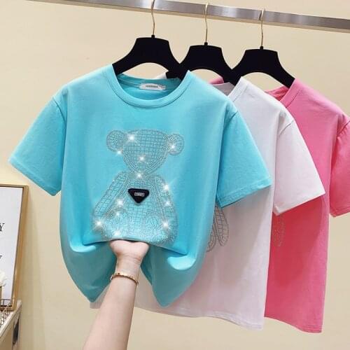 Summer Women Short Sleeve T-Shirt Tops Clothing Designer Printed Diamond Tee Shirt Pink Kawaii Clothes Cotton New 2021