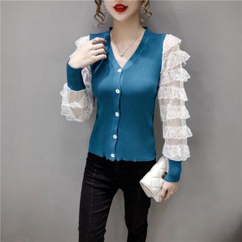 Casual lace knitted cardigan women autumn spring blue cardigan long lace sleeve slim female button knitwear sweaters v neck