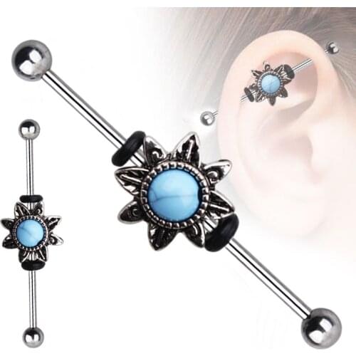 1 PC Fashion Industrial Cartilage Piercing Bar Stainless Steel Flower Barbell Long Straight Women Men Body Jewelry