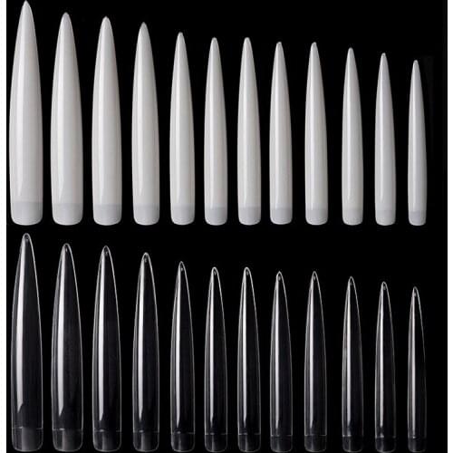 120 Pcs Extra Long Stiletto Pointy Shape False Nail Art Tips Nails Fake Tip 10 Sizes Transparent/ Natural Fingernail Claw