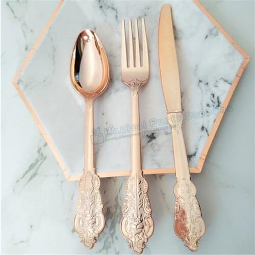 6Sets/18pcs Rose Wedding Disposable Cutlery Plastic Vintage Party Tableware Fancy Fork Knife Spoon Dinnerware for Cake Ice Cream