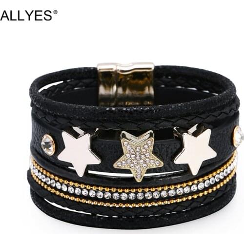 ALLYES Bohemian Rhinestone Star Charm Bracelet for Women Fashion Multilayer Crystal Leather Wrap Bracelets Bangle Female Jewelry