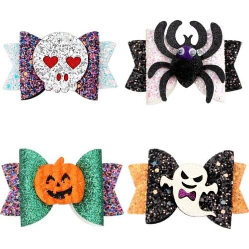 Cheer Bows Cartoon Hair Bows Glitter Halloween Pumpkin Ghost Spider Hair Clips For Girls Kids Halloween Hair Accessories Pins