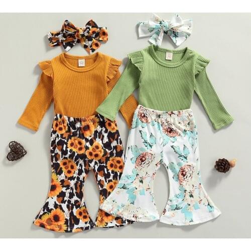 2021 Cute New Fall Baby Girl’s Tops and Trousers Suit Ribbed Ruffle Long Sleeve Romper+Flower Trumpet Pants+Headband Clothes
