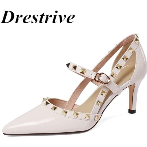 Drestrive Women Pumps Pointed Toe Rivet Patent Leather Thin Heel Summer Mary Janes 2021 High Heel Shoes Fashion Sandals Buckle