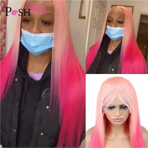 Ombre Pink Colored Lace Wig Pre Plucked Straight Remy Brazilian Human Hair Wigs 13x4 Lace Frontal Wigs For Women Human Hair
