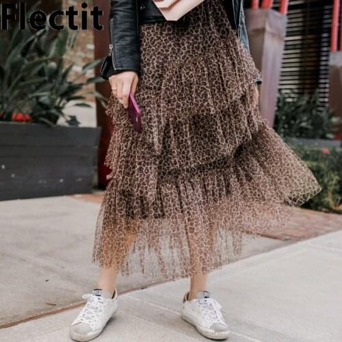 Flectit Leopard Tulle Skirt Women Autumn Winter Asymmetrical Layered Ruffle Mesh Midi Skirt Vintage Style